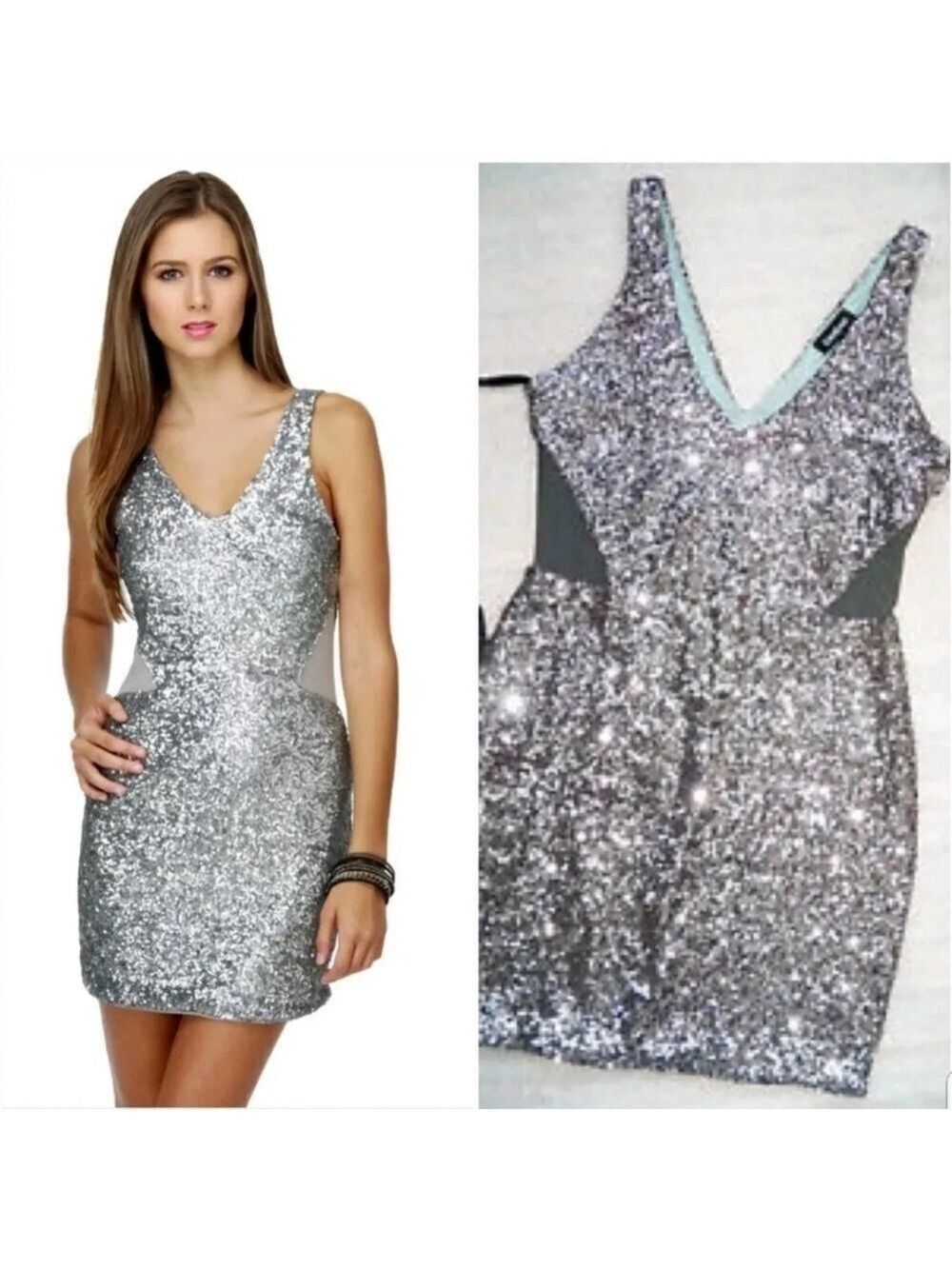 Bebe Silver Sequin Bodycon Sleeveless Mini Dress with Mesh Cutouts - Picture 2 of 14